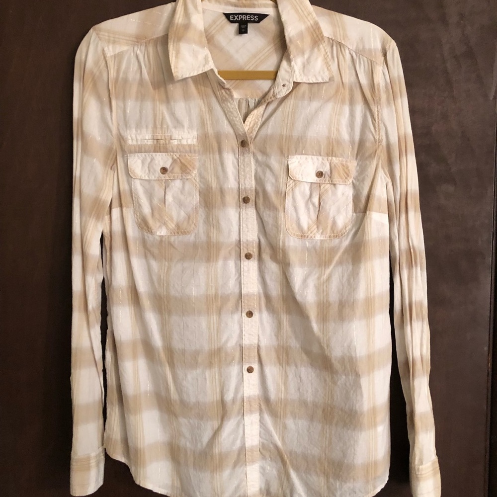 Express tan button down with gold detail through